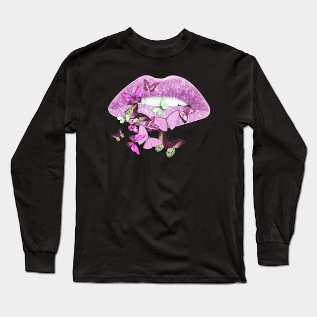 Butterflies, sparkling lips kiss 3 Long Sleeve T-Shirt by Collagedream